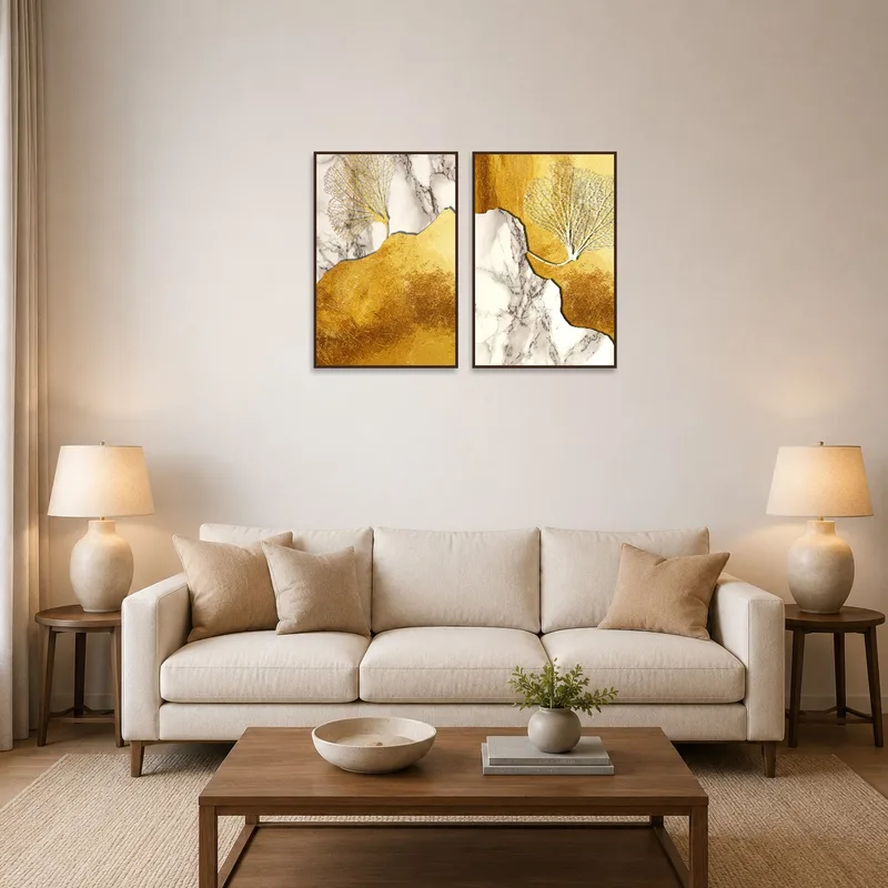 Abstract art set with gold and marble accents on a living room wall.