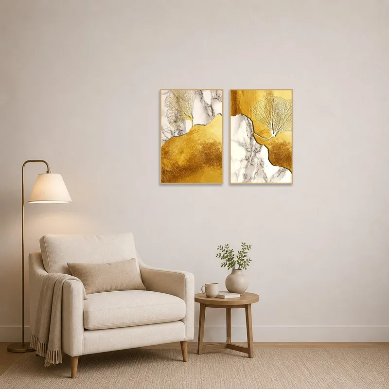 Gold and marble themed art set in a cozy reading corner.