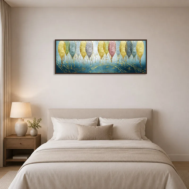 Tranquil leaf art adds a serene touch to the bedroom wall.
