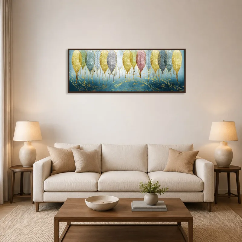 Elegant leaf artwork adds sophistication above the sofa in the living room.