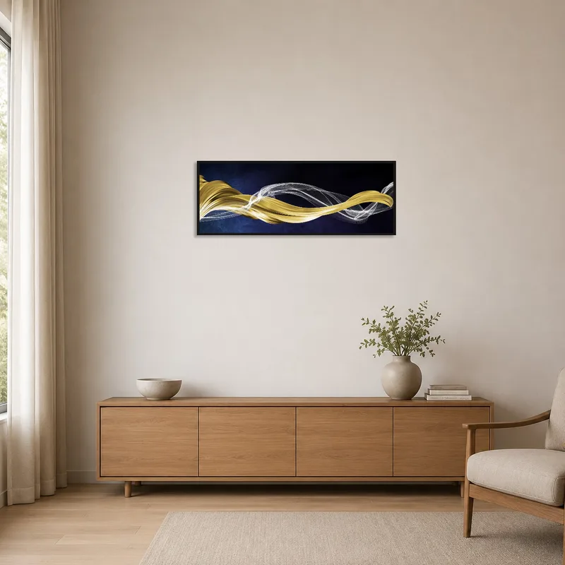 Elegant gold and silver abstract waves art against a minimalist room's plain white walls and simple decor.