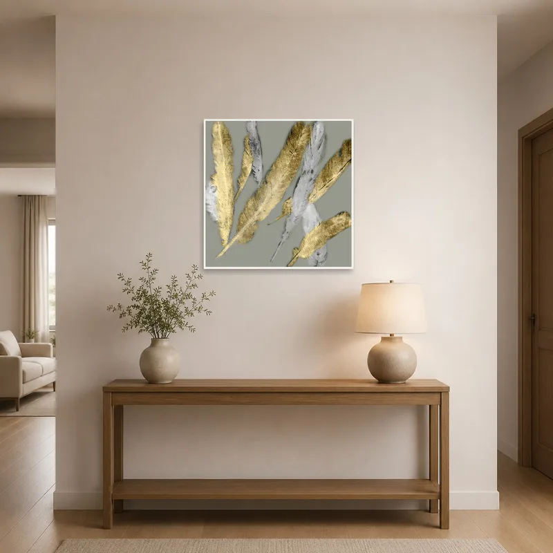 Entrance hall featuring a captivating gold and silver feather artwork for a sophisticated first impression.