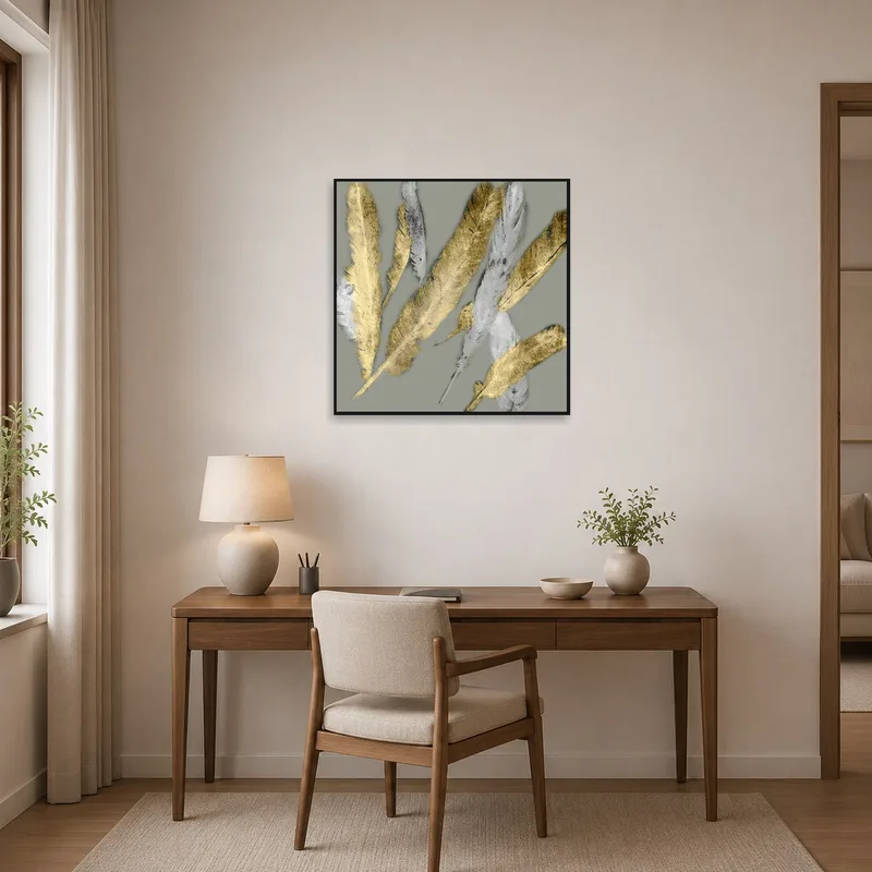 Home office complemented by a sleek gold and silver feather artwork, inspiring productivity and style.
