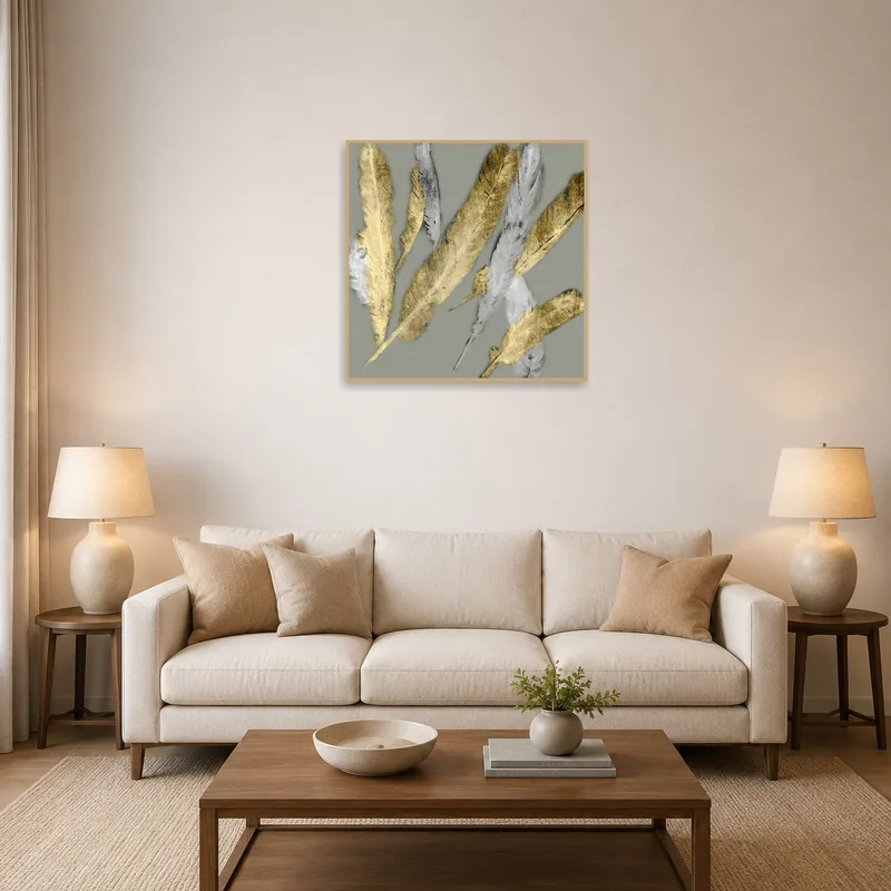 Gold and silver feather artwork displayed in a chic, modern living room with neutral tones.