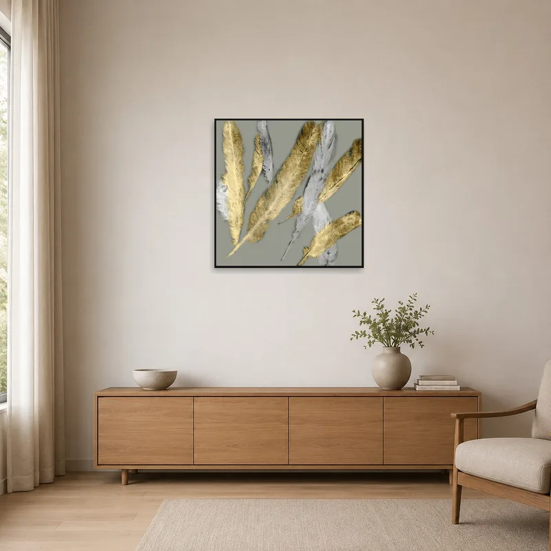 Minimalist room with a striking gold and silver feather artwork adding a touch of elegance.