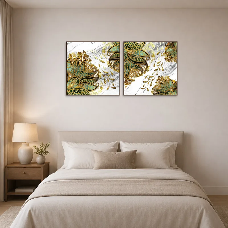 Elegant floral pieces add tranquility above the bedroom headboard.