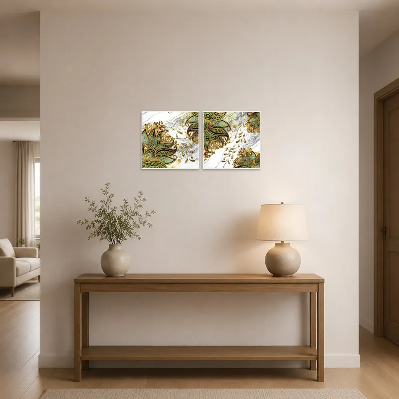 Colorful floral set enhancing entrance hall's welcoming ambiance.
