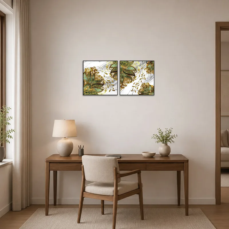 Gold and teal art set brings vibrancy to the home office workspace.