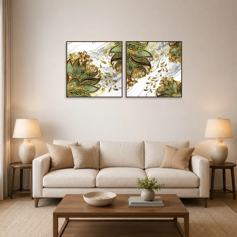 Abstract gold and teal floral set on living room wall above modern sofa.