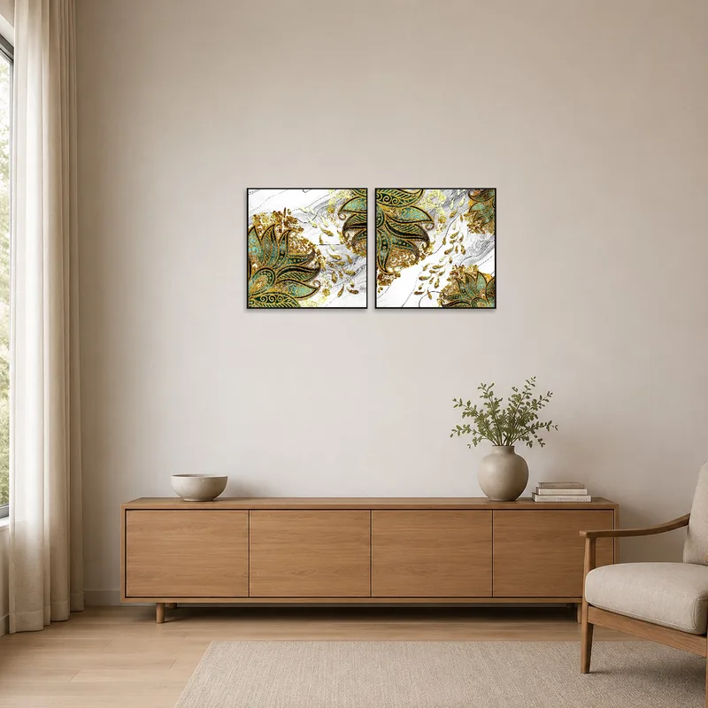 Gold and teal floral artwork in minimalist room with sparse decor.