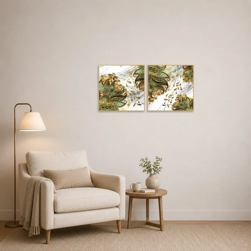 Artistic floral set enriches the reading corner's cozy atmosphere.