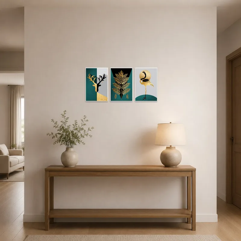 Elegant triptych greets guests in a sophisticated entrance hall.