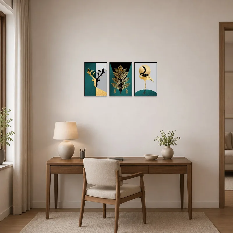 Gold and teal pieces complement a modern home office decor.