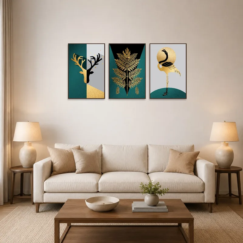 A gold and teal triptych adds elegance to a stylish living room setting.