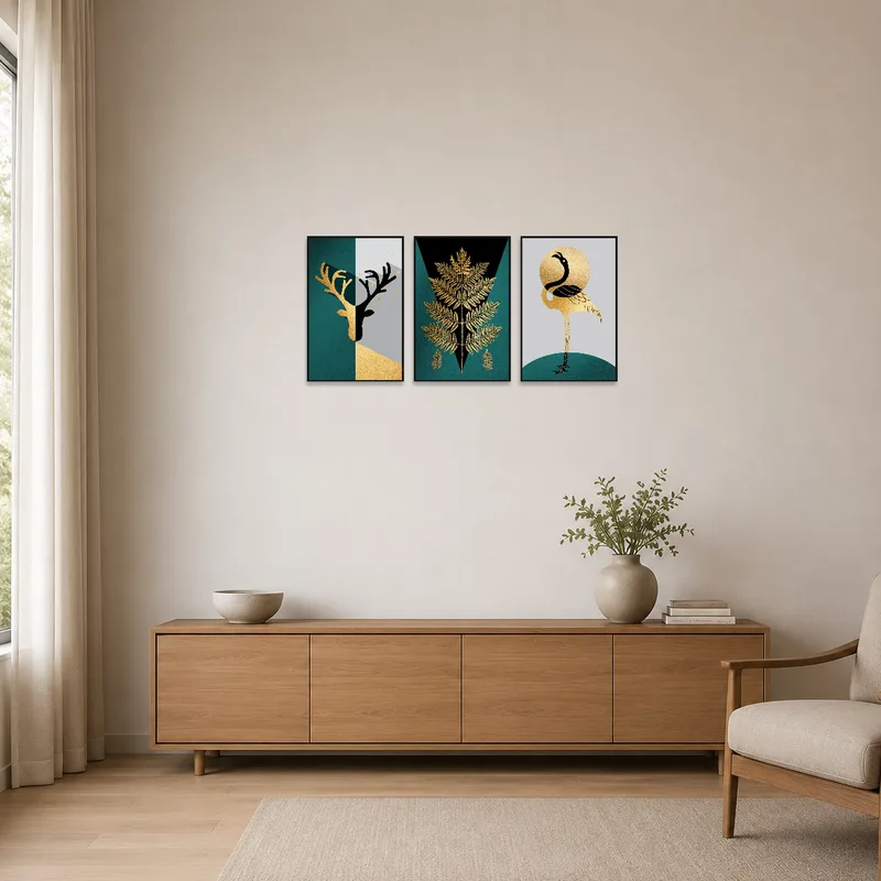 The triptych's gold and teal colors accent a minimalist room.