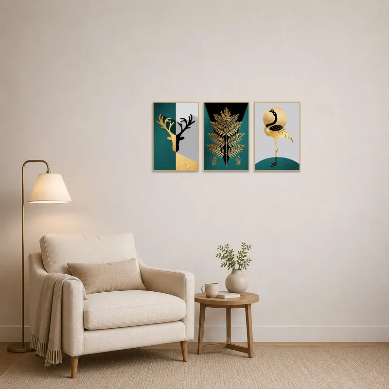 Teal and gold artwork enhances a cozy reading corner.