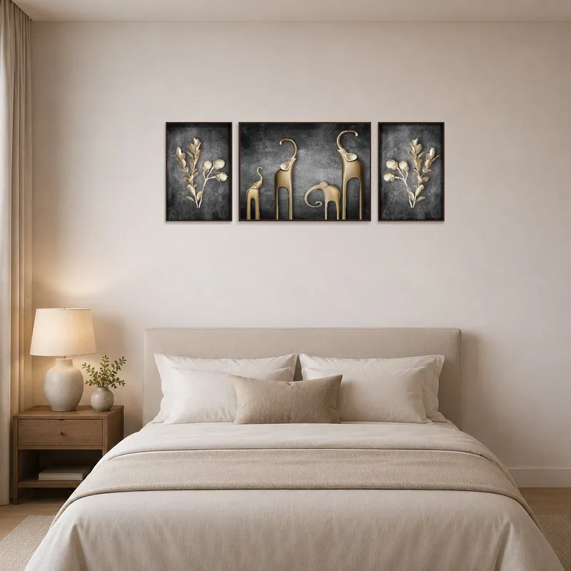 Sophisticated elephant and botanical triptych elevating a serene bedroom atmosphere.