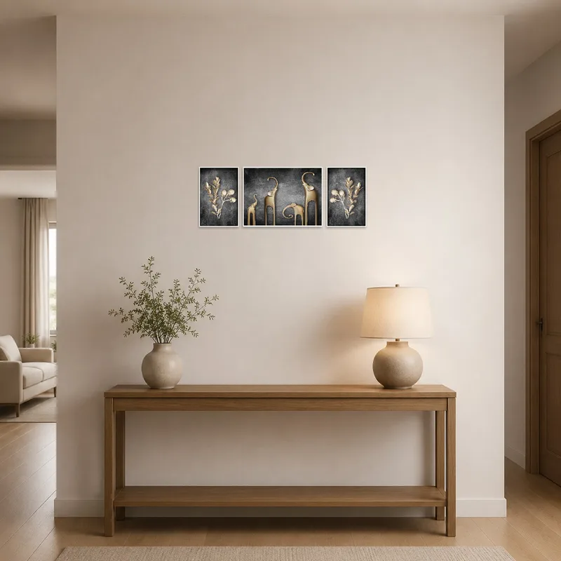 Elegant triptych with botanical and elephant motifs greeting guests in the entrance-hall.
