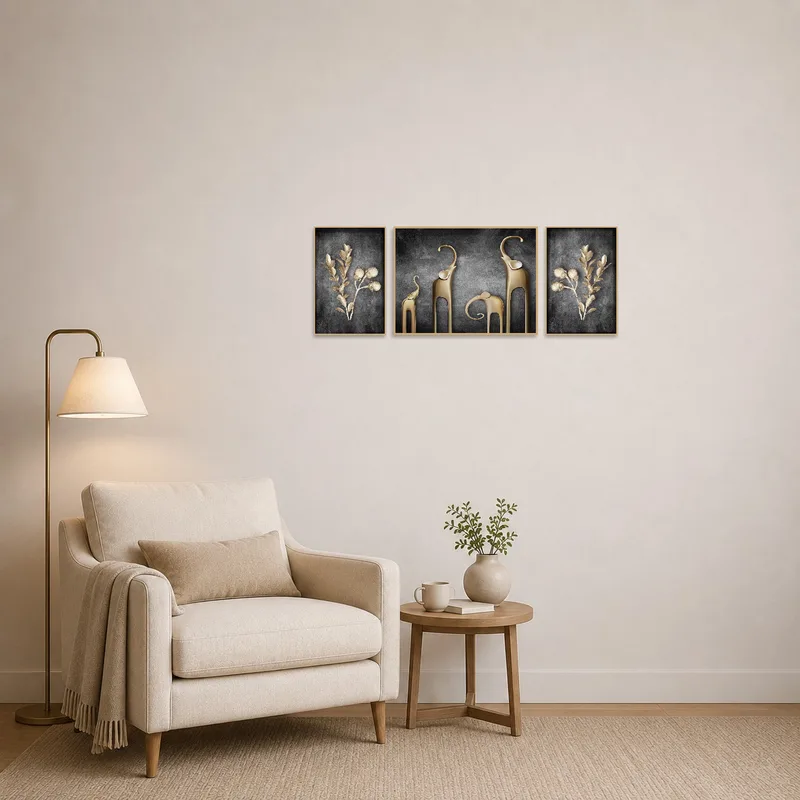 Gold botanical and elephant triptych adding charm to a tranquil reading-corner.