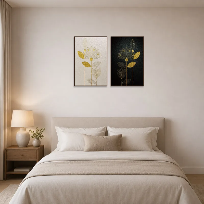 Bedroom with calming gold floral and leaf art enhancing relaxation.