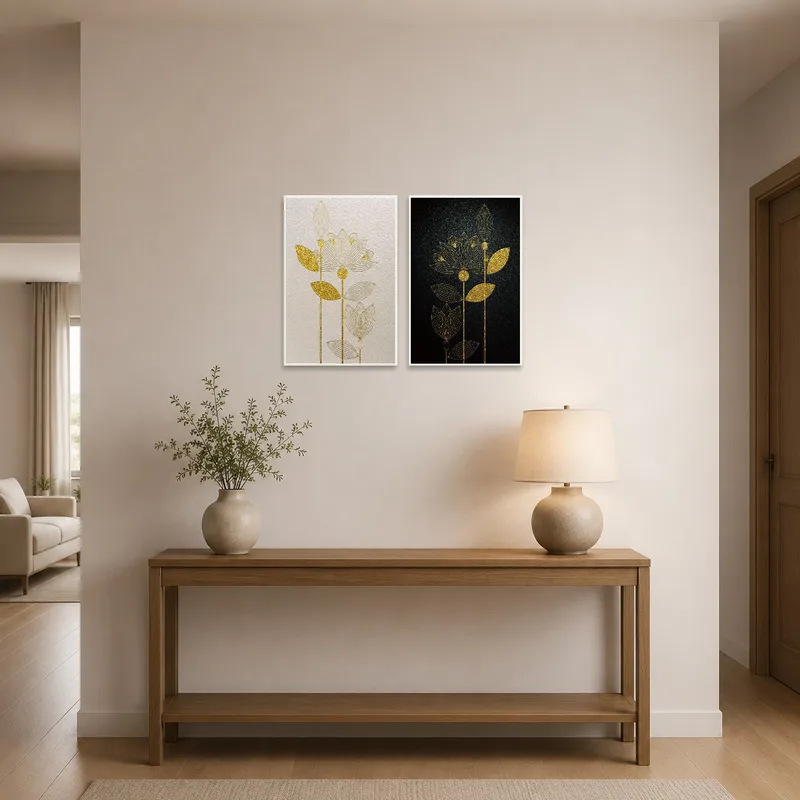 Entrance hall featuring gold leaf and floral art welcoming guests.