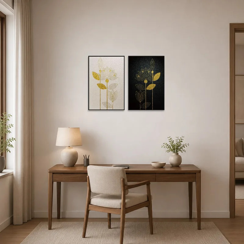 Home office with gold botanical art adding a touch of elegance.