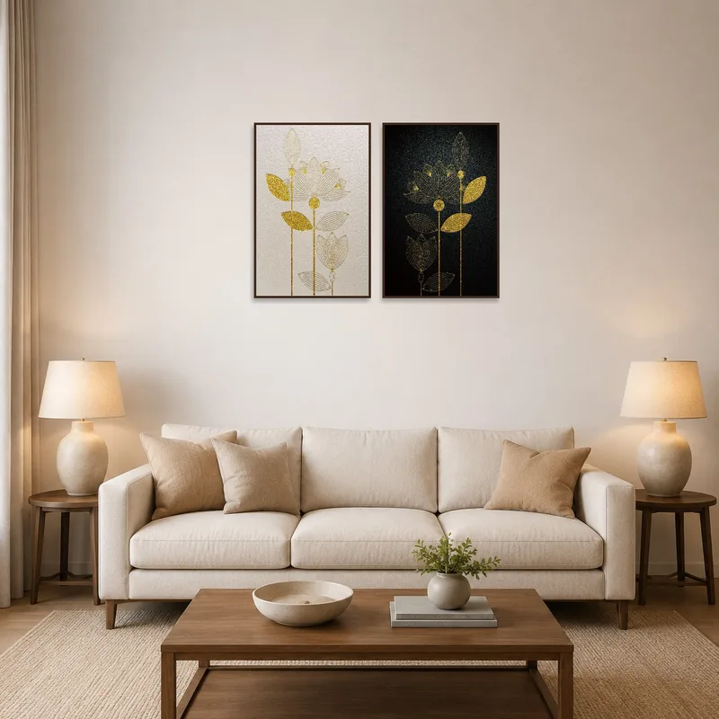 Gold botanical leaf and floral art on living room wall above a cozy sofa.