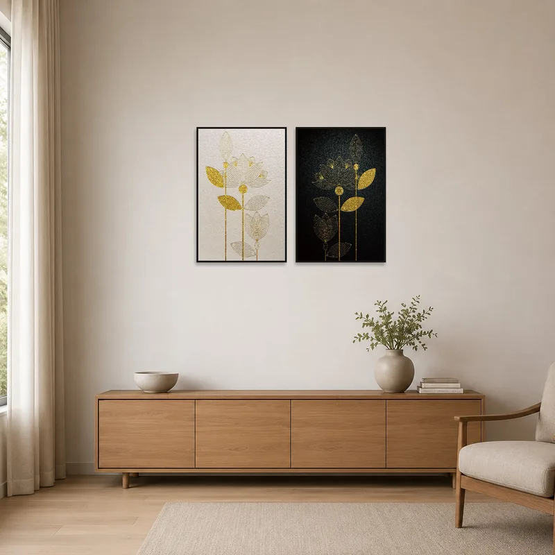 Minimalist space displaying gold floral and leaf art on a clean white wall.