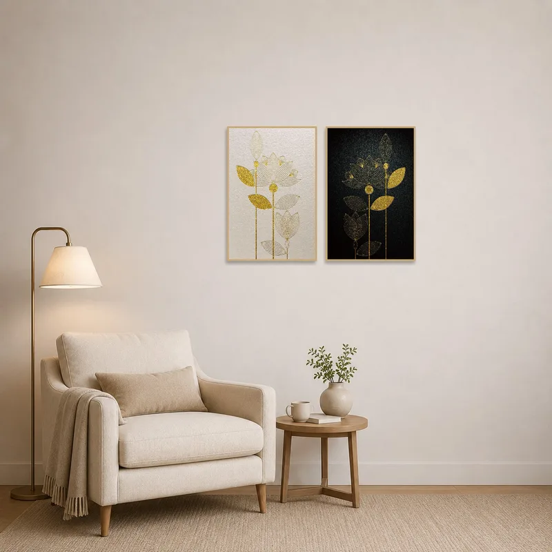 Reading corner adorned with gold botanical art creating a serene vibe.