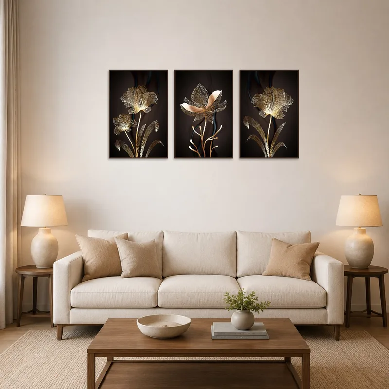 Elegant gold botanical triptych on living room wall above a cozy seating area.
