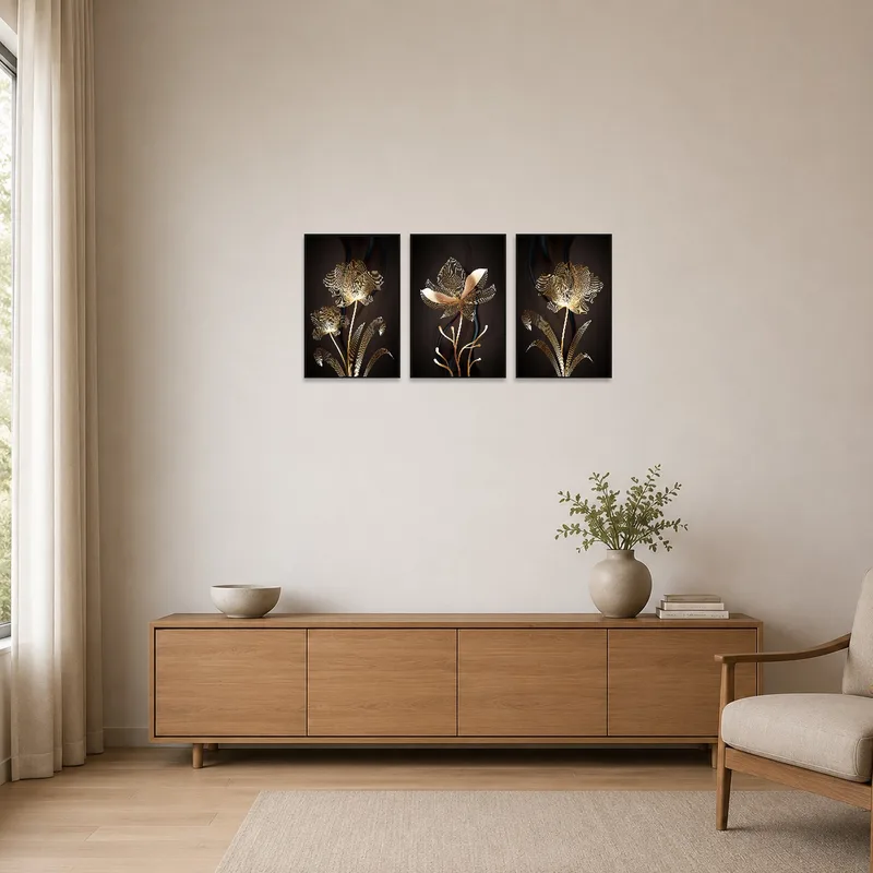 Gold botanical triptych accentuates minimalistic room with white walls and simple furnishings.