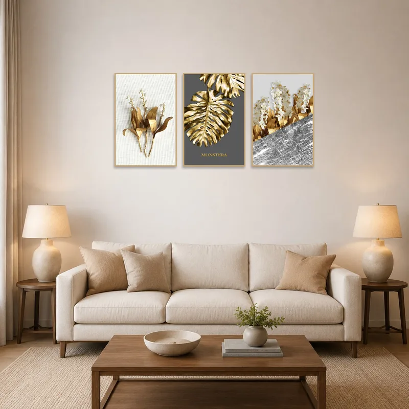 Triptych set of gold botanicals on a living room wall above a modern sofa.