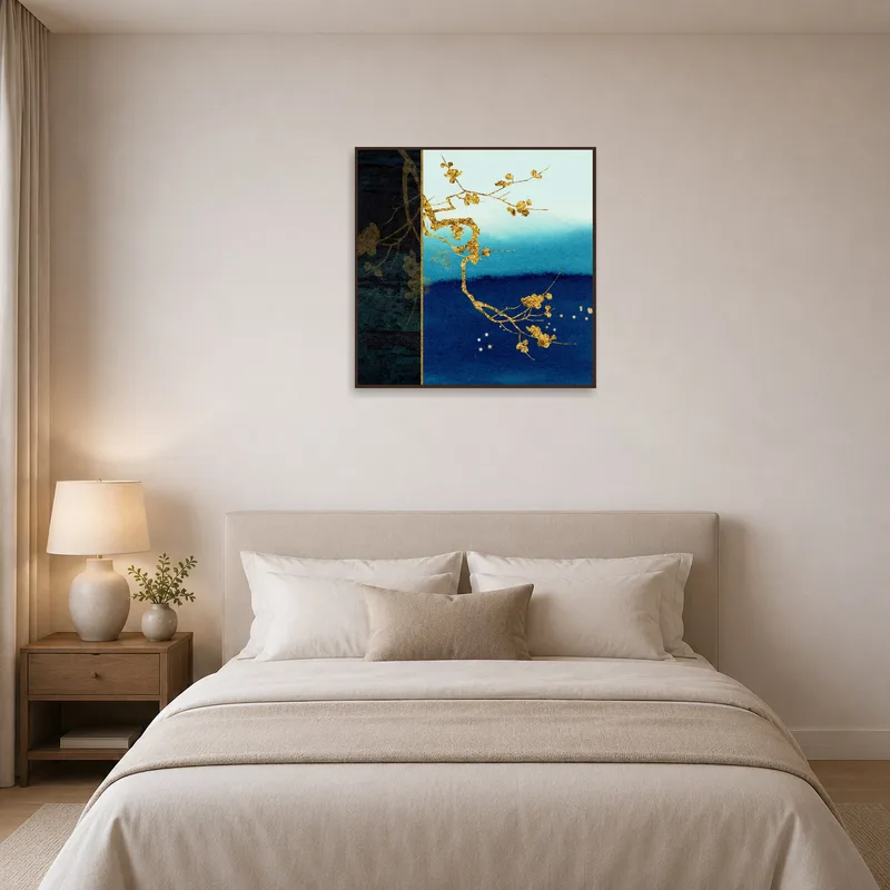 Stylish gold branch picture enhances a serene bedroom ambiance.
