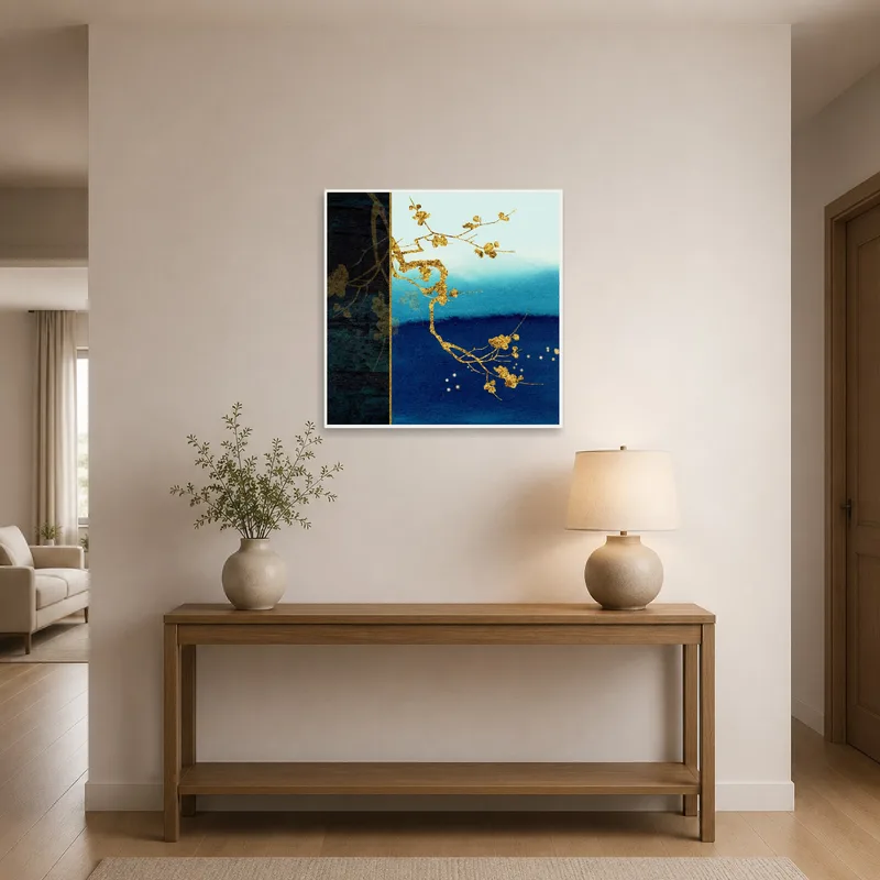 Eye-catching gold branch on blue art greets visitors in the entrance hall.