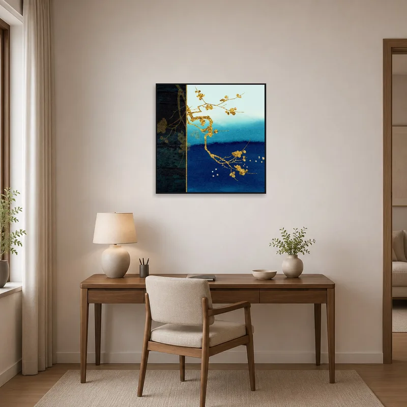 Elegant gold branch artwork uplifts a focused home office environment.