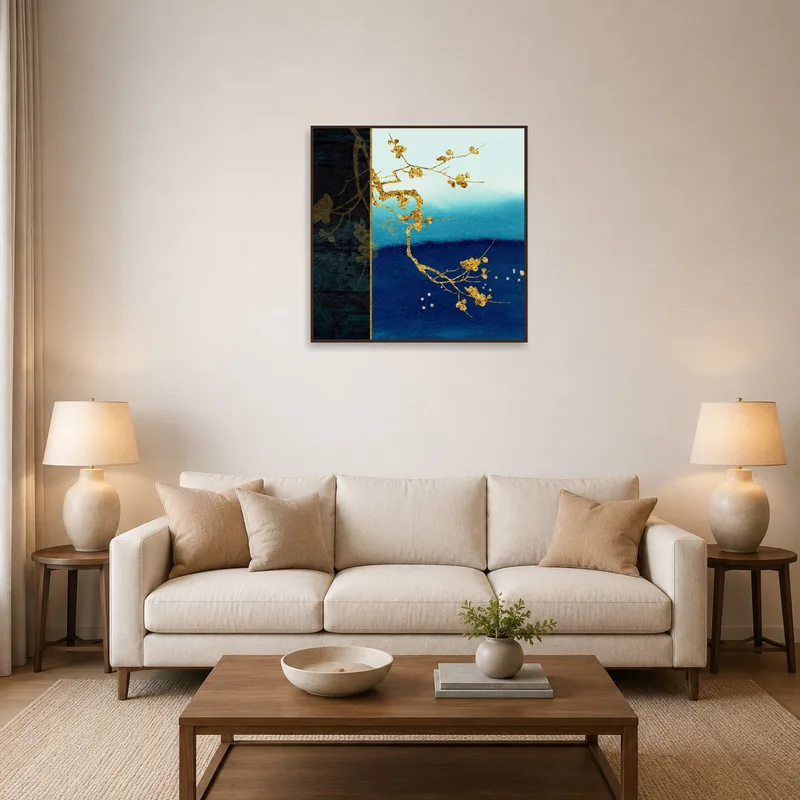 Elegant gold branch art on blue hangs above a modern living room sofa.