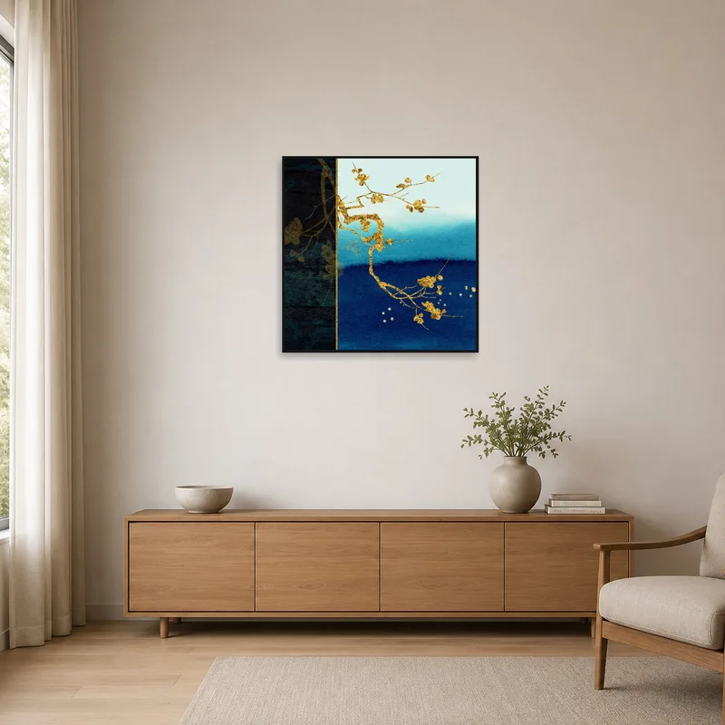 Gold branch artwork complements a clean, minimalist space.