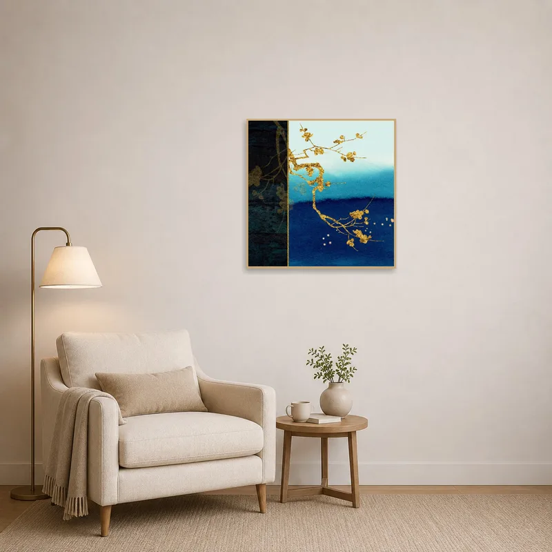 Golden branch art adds sophistication to a cozy reading corner.