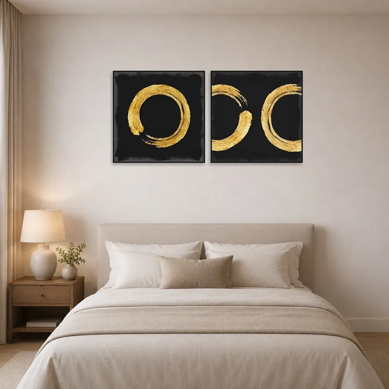 Elegant gold circle abstract art complementing a tranquil bedroom.