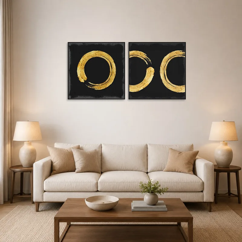 Gold circle abstract art adding sophistication to a chic living room.