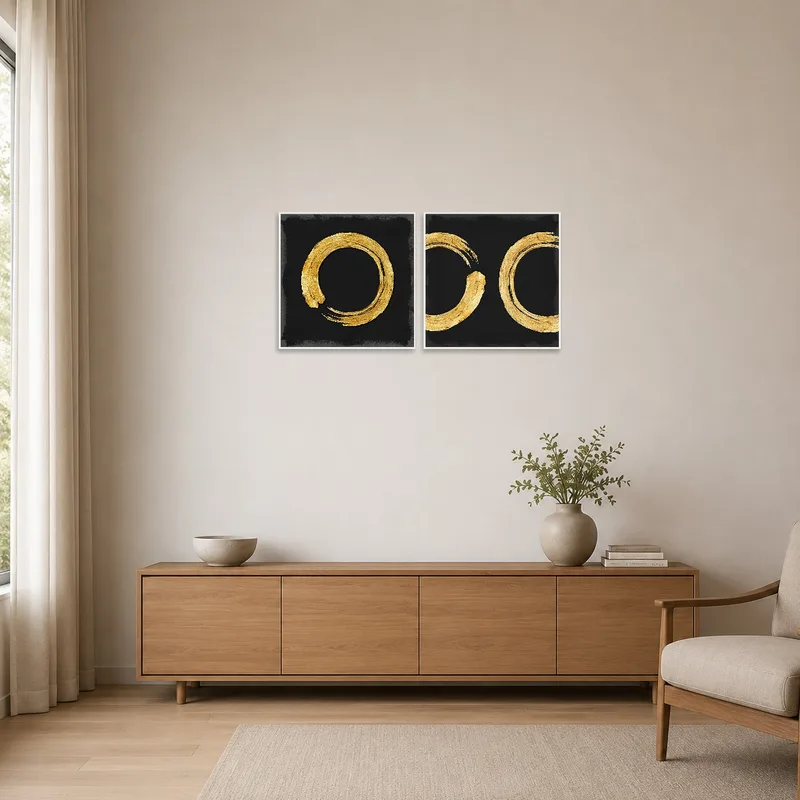 Minimalist room with gold circle art enhancing clean lines.