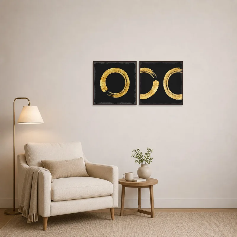 Reading corner with calming gold circle art contributing to the ambiance.