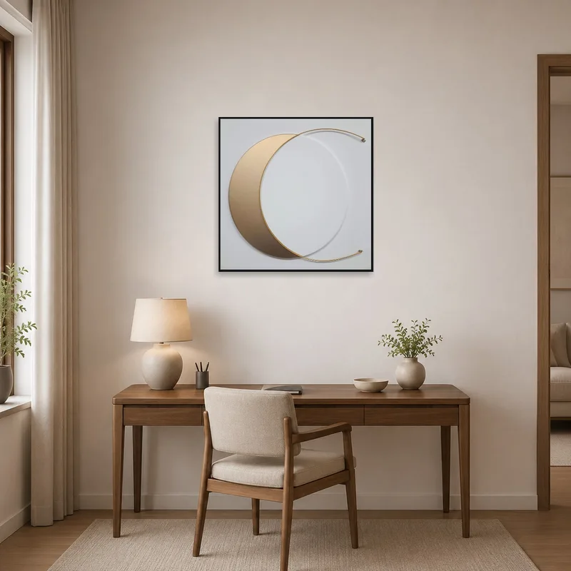 Art with gold crescent enhancing a productive home office.
