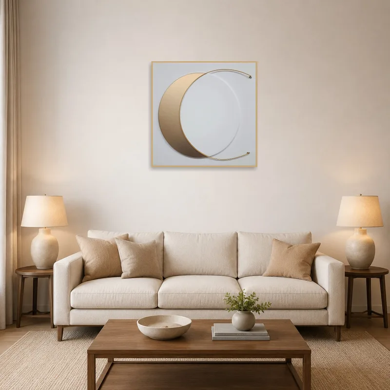 Artwork with gold crescent over a sofa in a modern living room.