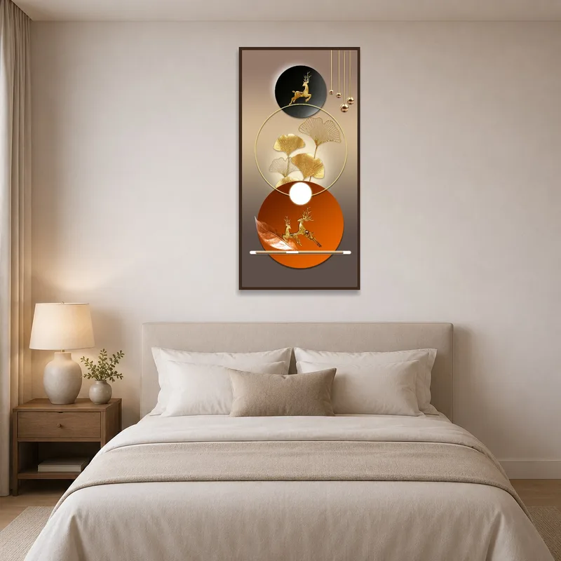Bedroom wall features an elegant gold deer with ginkgo leaves.