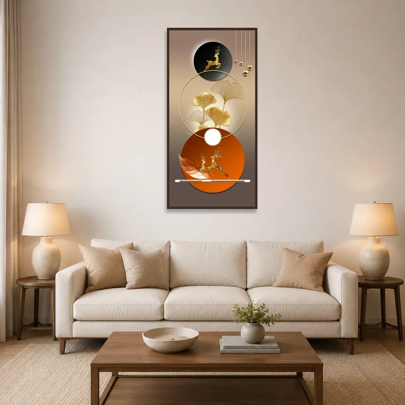 Gold deer with ginkgo leaves displayed in a chic living-room setting.