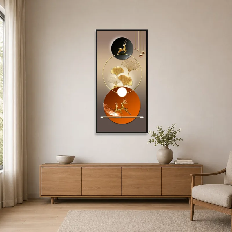 Sleek minimalist room featuring a gold deer and ginkgo leaf piece.