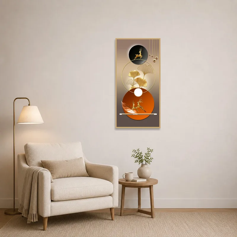 Cozy reading corner adorned with a gold deer and ginkgo art.