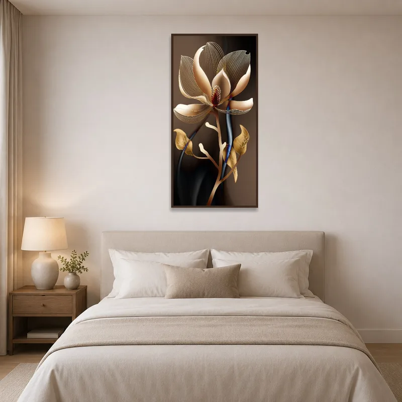 Sophisticated gold floral artwork adds warmth to a serene bedroom setting.