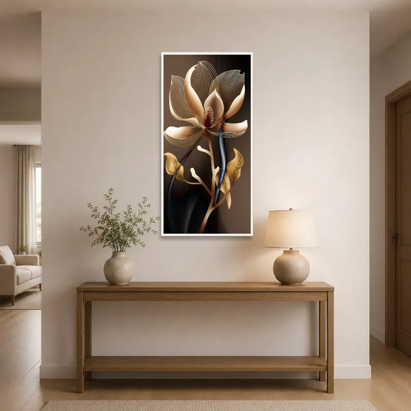 Grand entrance hall features a striking gold flower piece at the forefront.